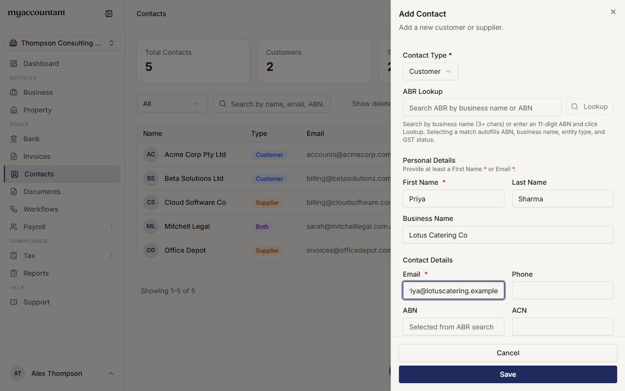 The Add Contact panel with the contact's details filled in