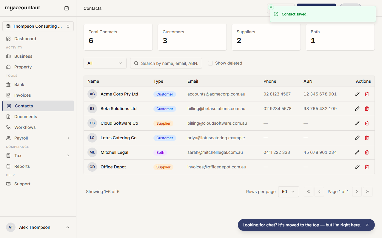 The contacts list showing the new contact and the Contact saved confirmation