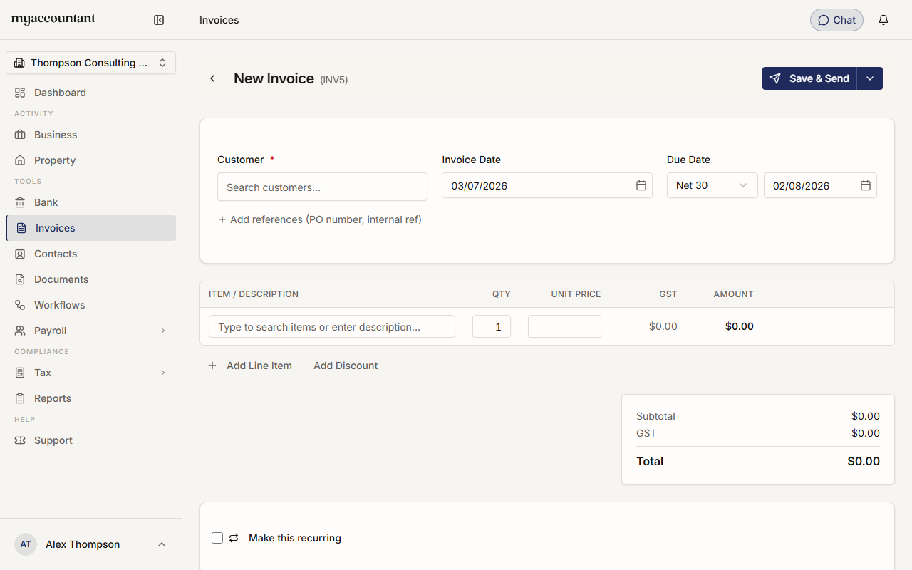 The New Invoice form with customer, dates and line items