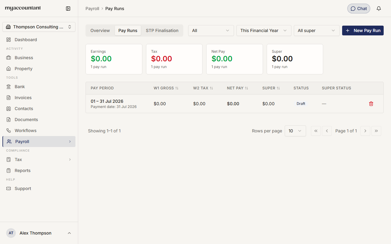 The Pay Runs page, with the New Pay Run button at the top right