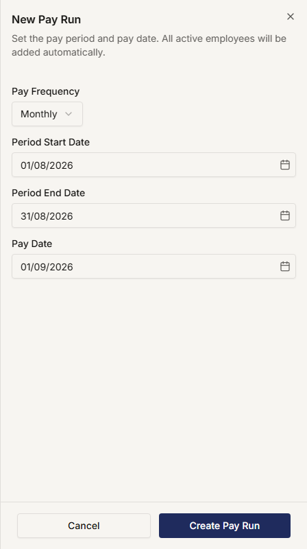 The New Pay Run panel with Pay Frequency and dates