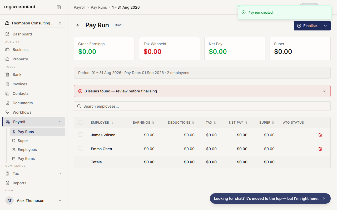 A new Draft pay run with all active employees added