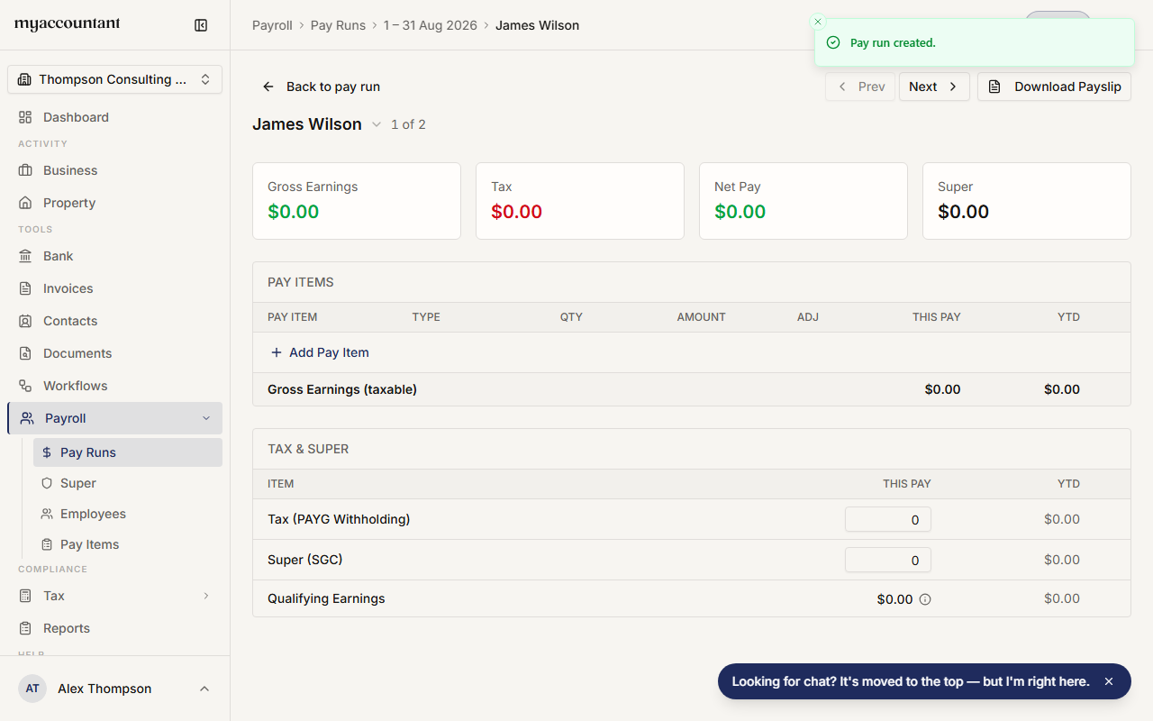 An employee's pay in the pay run, with pay items, tax and super